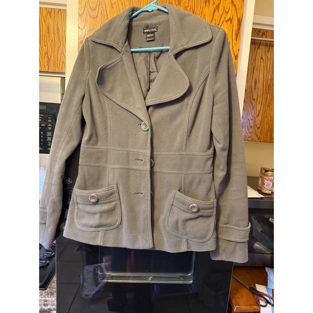 Wet Seal Gray Fleece Button Front Peacoat Jacket Womens Medium Notch Lapel